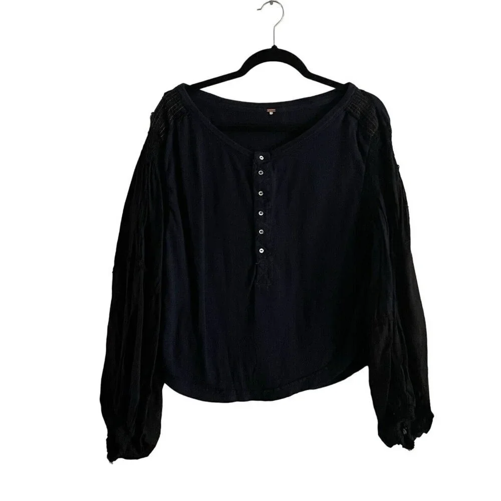 Free People S Deepest Navy Boho Balloon Sleeves Smocked Light Magic Henley Shirt
